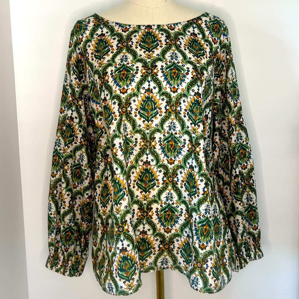 Talbots Green and Metallic Gold Design Cotton Blouse Plus Size 1X